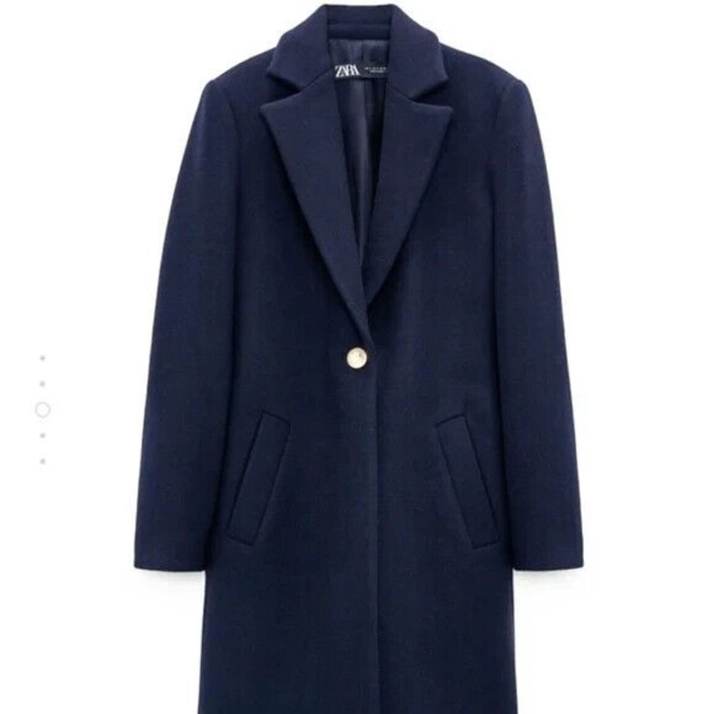 Zara Coat Wool Blend Long Dark Navy Blue One Gold Button Lined Womens L 8367/734 - Picture 4 of 12